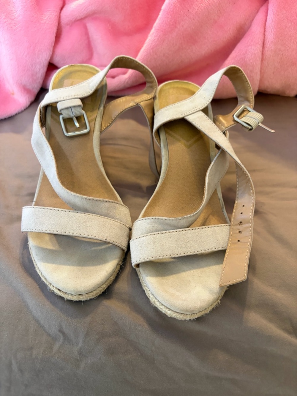 Beige Suede Ankle-Strap Wedge Sandals